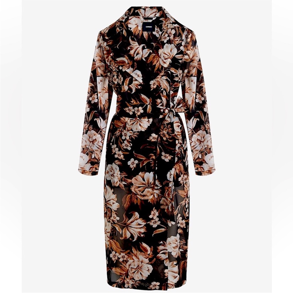 Express Black and Brown Floral Women's Trench Coat